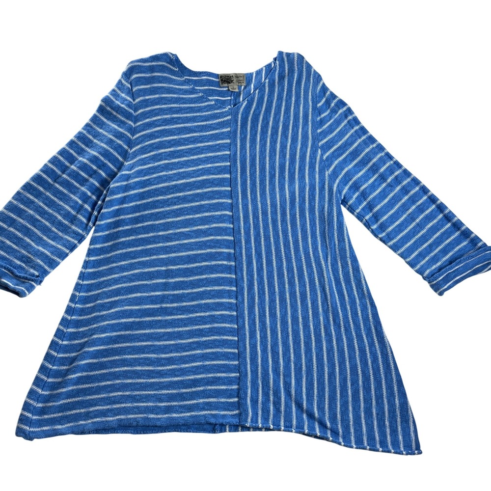 Habitat Striped Knit Tunic Blue Cotton Asymmetrical 3/4 Sleeve Womens L